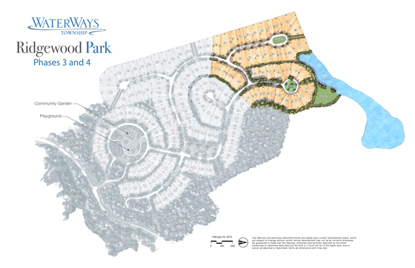 Phases III and IV, planned to be available for home construction this summer, will provide 39 additional home sites in WaterWays Township's popular RidgeWood Park neighborhood as well as additional amenities for all residents to enjoy.